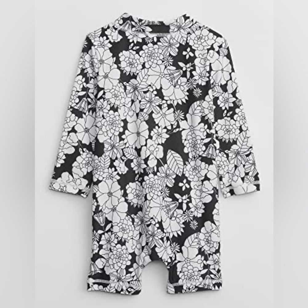 Black & White Floral Baby One-Piece Rash Guard 3-6 M - Picture 6 of 7